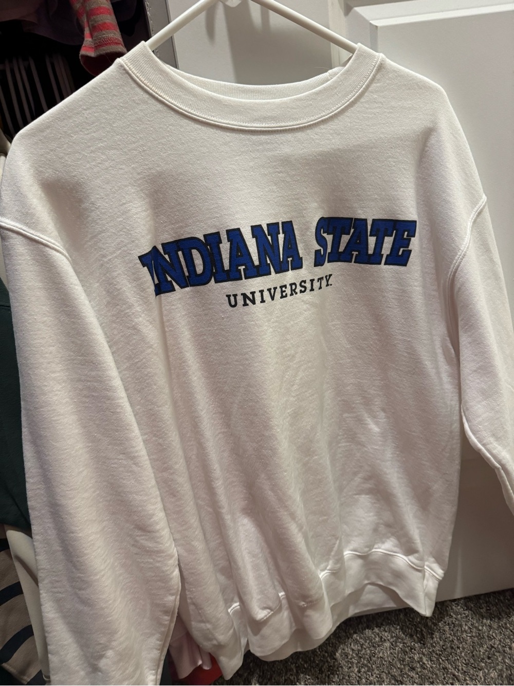 Champion White Crewneck Sweatshirt with Blue Collegiate Script